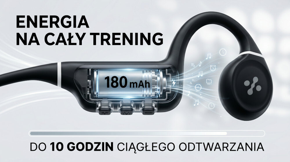 Obraz przedstawia czarne słuchawki kostne z widoczną baterią o pojemności 180 mAh. Tekst na obrazie: \'ENERGIA NA CAŁY TRENING\', \'DO 10 GODZIN CIĄGŁEGO ODTWARZANIA\'.
