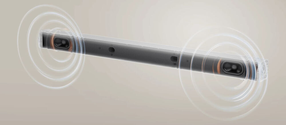 Soundbar w kolorze czarnym z widocznymi głośnikami po obu stronach, emitującymi fale dźwiękowe. Urządzenie ma możliwość montażu na ścianie.