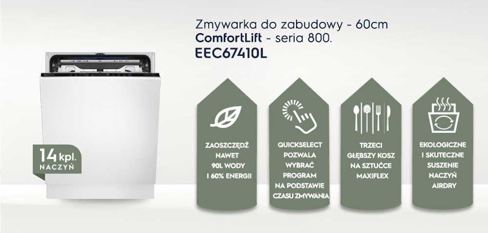 Obraz przedstawia zmywarkę do zabudowy z widocznym otwartym koszem oraz cztery ikony z informacjami: \'14 kpl. naczyń\', \'ZAOSZCZĘDŹ NAWET 90L WODY I 60% ENERGII\', \'QUICKSELECT POZWALA WYBRAĆ PROGRAM NA PODSTAWIE CZASU ZMYWANIA\', \'TRZECI GŁĘBSZY KOSZ NA SZTUĆCE MAXIFLEX\', \'EKOLOGICZNE I SKUTECZNE SUSZENIE NACZYŃ AIRDRY\'.