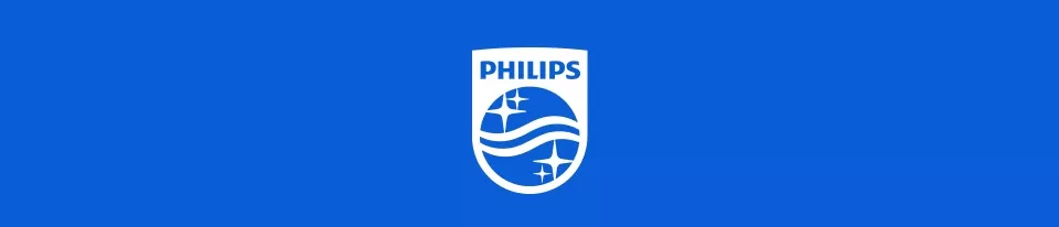 Logo PHILIPS na niebieskim tle, przedstawiające stylizowane fale i gwiazdy.