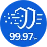 Niebieska ikona z białym symbolem tarczy i strzałkami oraz tekstem \'99.97%\'.