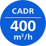 Niebieska ikona z białym napisem \'CADR 400 m³/h\'.