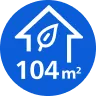 Niebieska ikona z białym symbolem domu i liścia oraz napisem \'104 m²\'.
