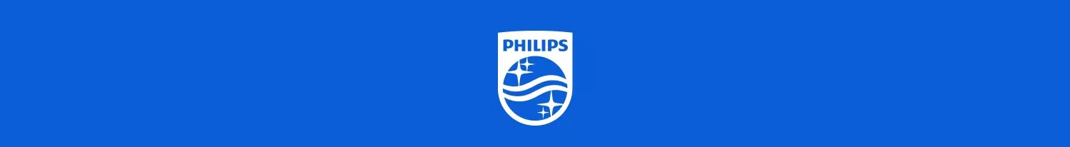 Na niebieskim tle znajduje się białe logo z napisem PHILIPS oraz stylizowanymi gwiazdami i falami.