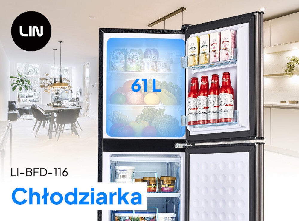 Obraz przedstawia otwartą lodówkę z widocznymi produktami spożywczymi, takimi jak napoje i owoce. Na lodówce widnieje napis \'61L\', a w dolnej części obrazu znajduje się tekst \'LI-BFD-116 Chłodziarka\'.