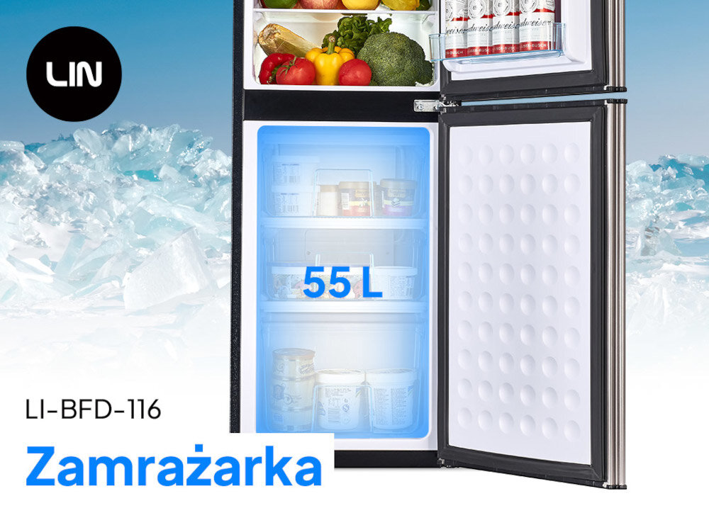 Obraz przedstawia otwartą lodówkę z widocznymi produktami spożywczymi w środku. Na drzwiach zamrażarki widnieje napis \'55 L\', a w lewym górnym rogu znajduje się logo \'LIN\'.