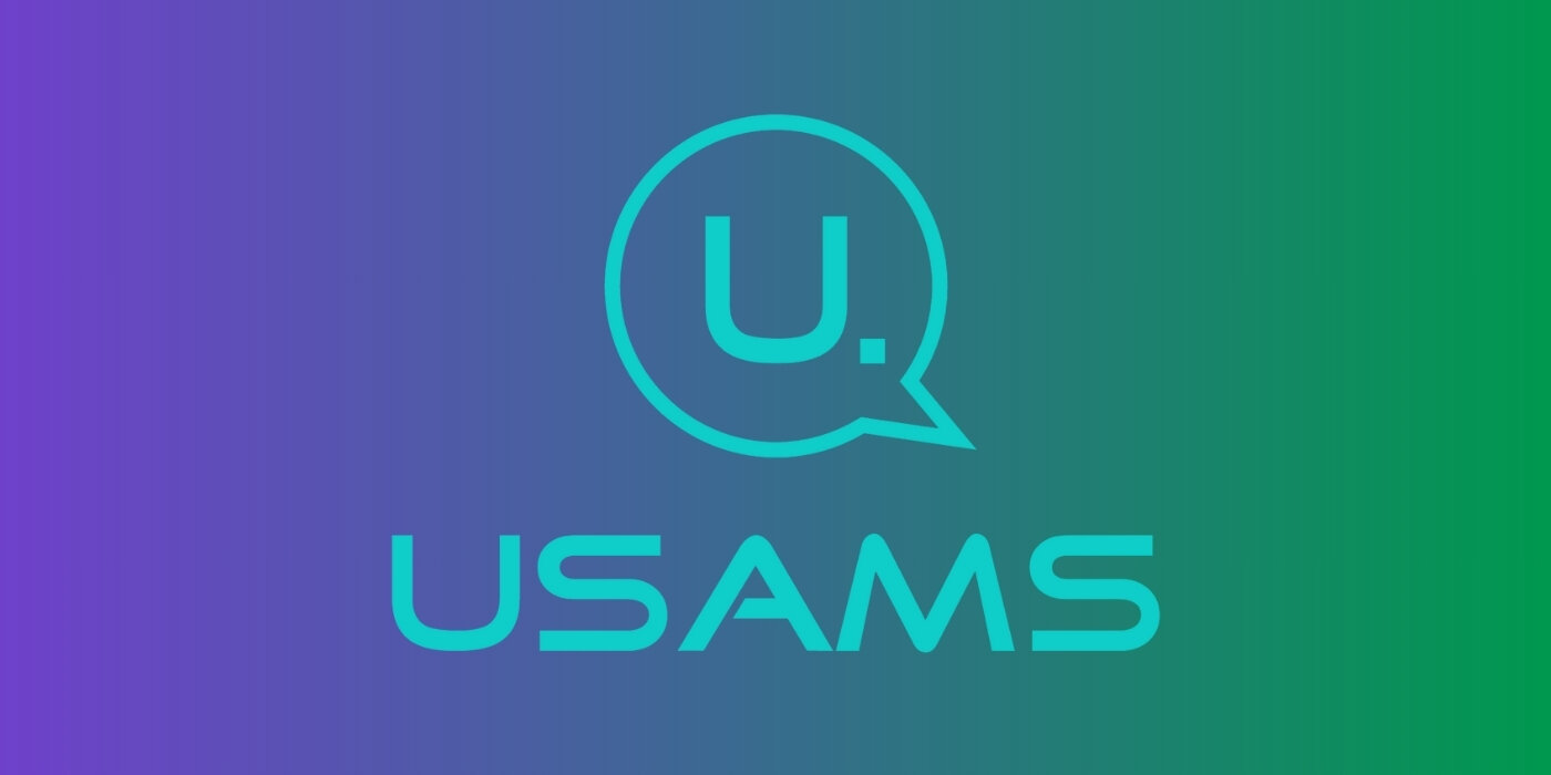 Logo z napisem \'USAMS\' na tle gradientu przechodzącego od fioletu do zieleni.