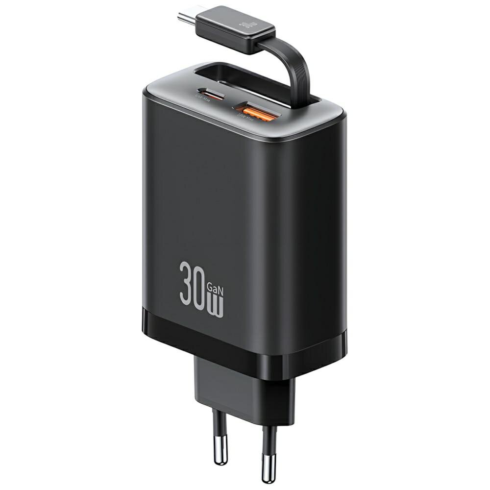 Czarna ładowarka sieciowa z dwoma portami: USB-C i USB-A, oraz kablem USB-C. Na obudowie widoczny jest napis \'30 GaN\'.