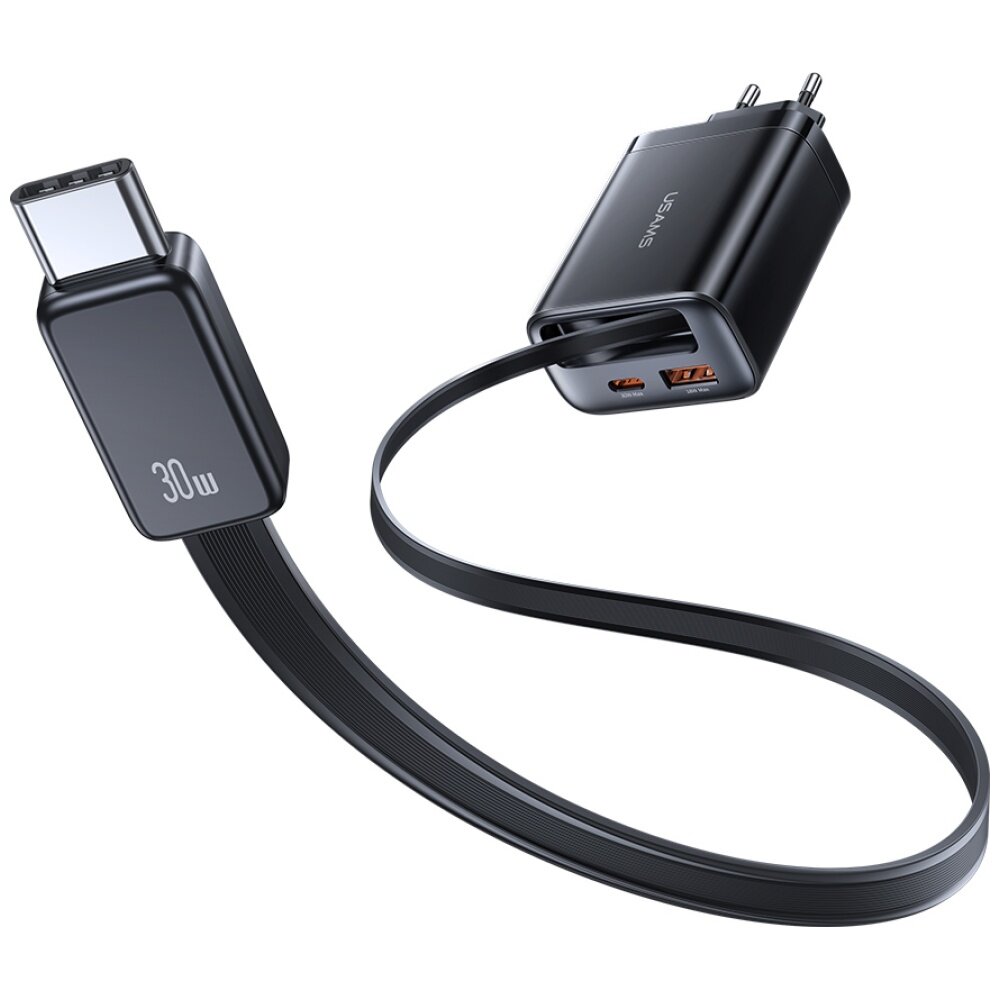 Czarna ładowarka sieciowa z logo \'USAMS\' posiada dwa porty: USB-C i USB-A. Dołączony jest czarny kabel USB-C z oznaczeniem \'30W\'.