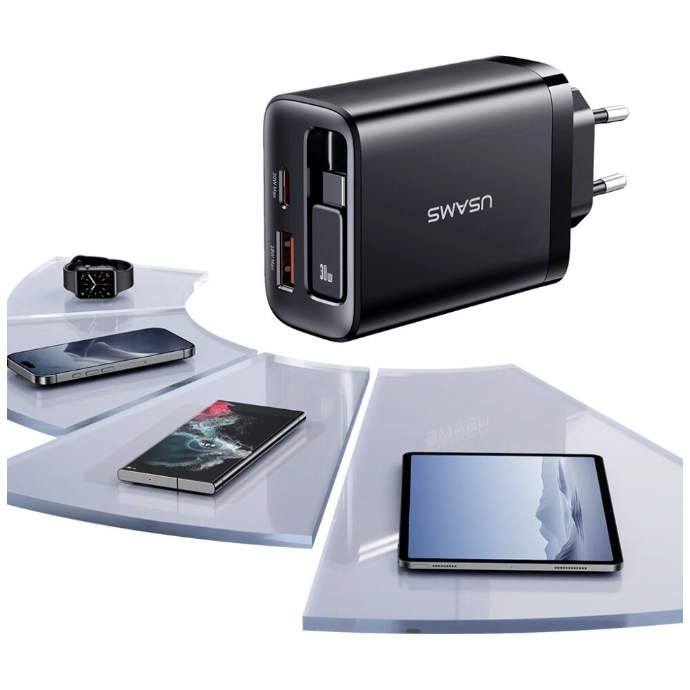 Czarna ładowarka sieciowa z dwoma portami USB, oznaczona jako 30W, z widocznym logo \'USAMS\'. W tle znajdują się urządzenia elektroniczne, takie jak smartfon, tablet i zegarek, umieszczone na przezroczystych półkach.