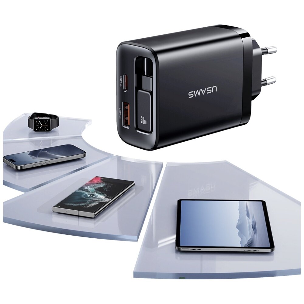 Czarna ładowarka sieciowa z dwoma portami USB, oznaczona jako 30W, z widocznym logo \'USAMS\'. W tle znajdują się urządzenia elektroniczne, takie jak smartfon, tablet i zegarek, umieszczone na przezroczystych półkach.