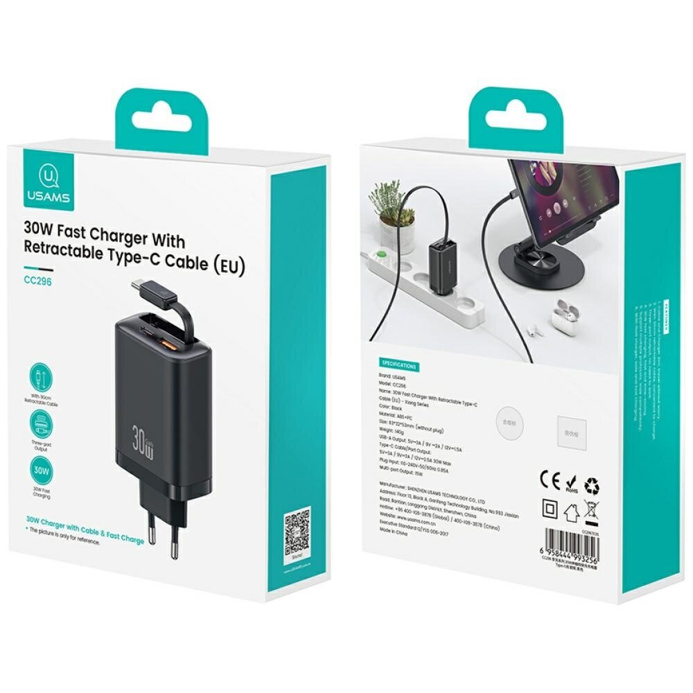 Opakowanie ładowarki sieciowej Usams Xiang Series CC296 30W z jednym portem USB-C i jednym USB-A oraz białym kablem USB-C. Na opakowaniu widoczny jest tekst: \'30W Fast Charger With Retractable Type-C Cable (EU)\'.
