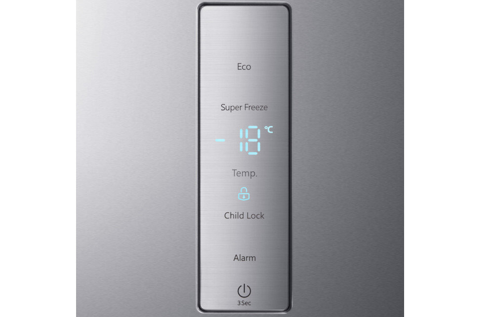 Panel sterowania zamrażarki z wyświetlaczem pokazującym temperaturę -18°C oraz opcje takie jak Eco, Super Freeze, Temp., Child Lock i Alarm. Na dole znajduje się przycisk z ikoną zasilania i napisem \'3Sec\'.