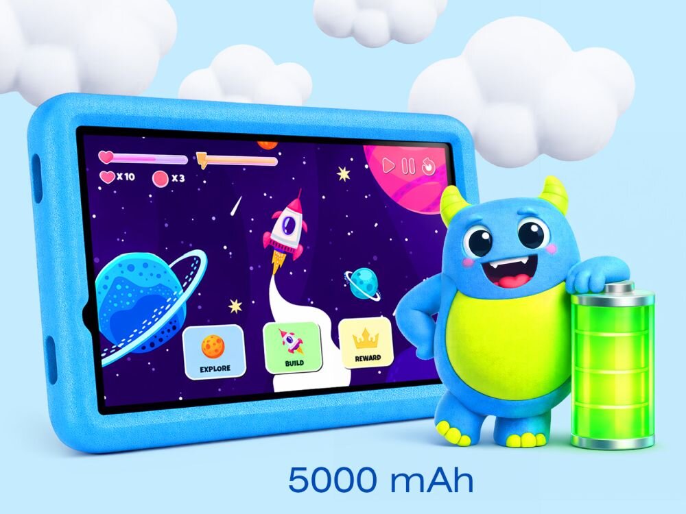 Na obrazie widoczny jest niebieski tablet z kolorową grafiką przedstawiającą kosmos i rakietę, obok stoi niebiesko-zielona postać z dużą baterią. Na dole widnieje napis \'5000 mAh\'.