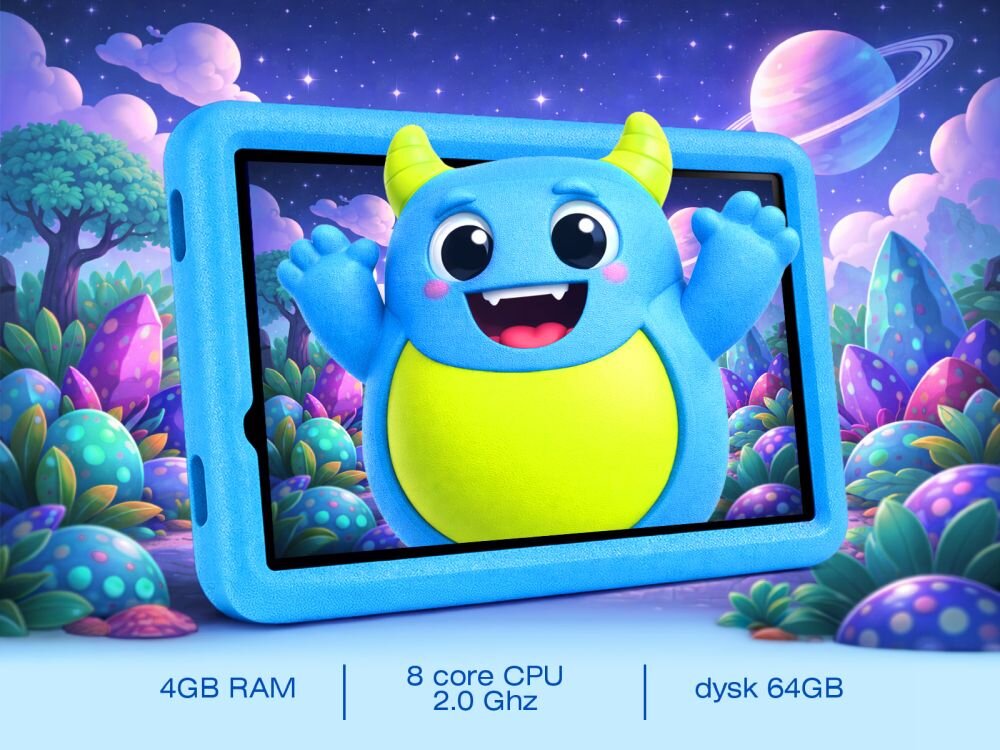 Na obrazie widoczny jest niebieski tablet z kolorowym, kreskówkowym potworem na ekranie, umieszczony na tle bajkowego krajobrazu z planetą i roślinami. Na dole obrazu znajdują się napisy: \'4GB RAM\', \'8 core CPU 2.0 Ghz\', \'dysk 64GB\'.