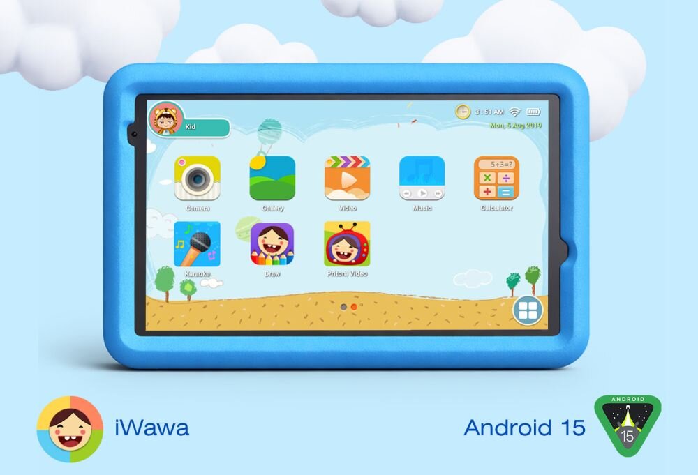 Tablet w niebieskiej obudowie z wyświetlaczem pokazującym kolorowe ikony aplikacji, takie jak Camera, Gallery, Video, Music, i Calculator. Na dole ekranu widoczne są logotypy iWawa oraz Android 15.