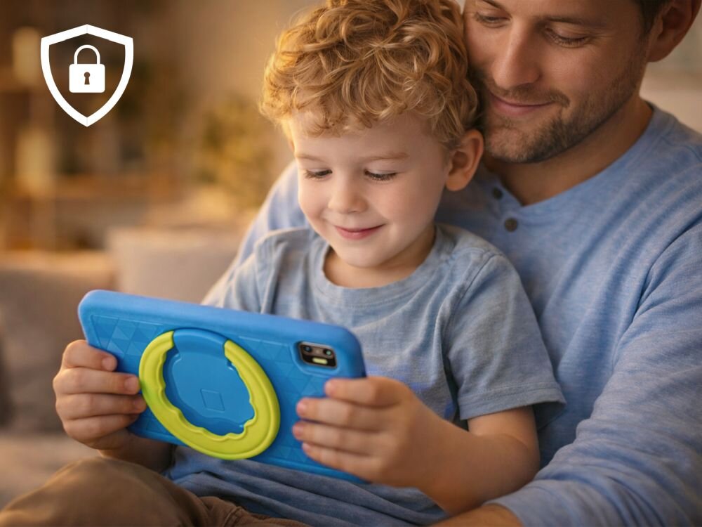 Dziecko trzyma niebieski tablet z żółtym uchwytem, siedząc na kolanach dorosłego. W lewym górnym rogu widoczna jest ikona tarczy z kłódką.