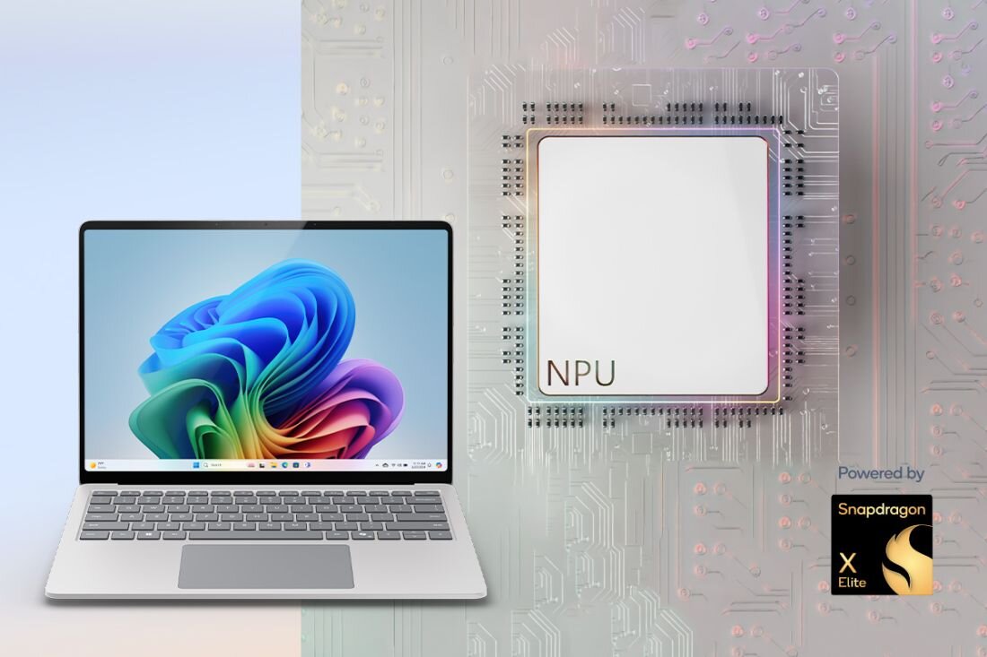 Obraz przedstawia laptop z kolorowym ekranem obok dużego układu scalonego z napisem \'NPU\'. W prawym dolnym rogu widnieje logo \'Powered by Snapdragon X Elite\'.