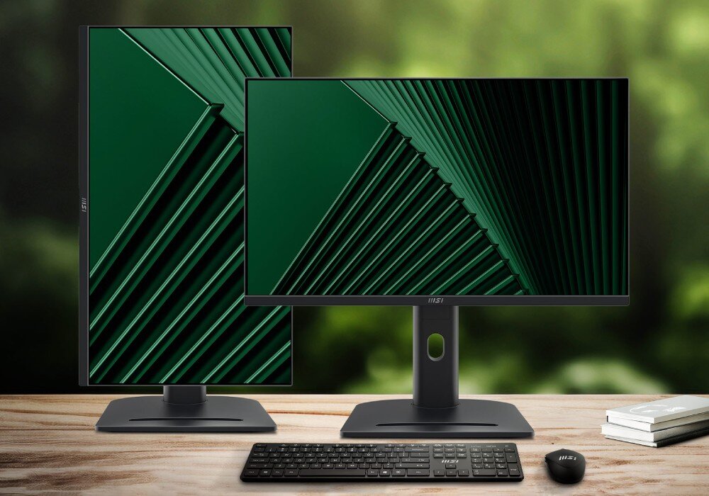 Na drewnianym biurku znajdują się dwa monitory z zielonym wzorem na ekranach, klawiatura i myszka. Monitory mają logo \'MSI\' na dolnej ramce.
