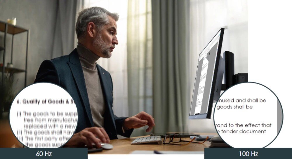 Mężczyzna siedzi przy biurku, patrząc na monitor, na którym wyświetlany jest dokument tekstowy. Na dole obrazu widoczne są dwa powiększone fragmenty tekstu z monitora, oznaczone jako 60 Hz i 100 Hz.