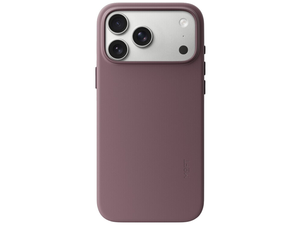 Burgundowe etui na telefon z trzema widocznymi obiektywami aparatu i napisem \'MOFT\' na dole. Etui ma gładką powierzchnię i otwory na przyciski boczne.