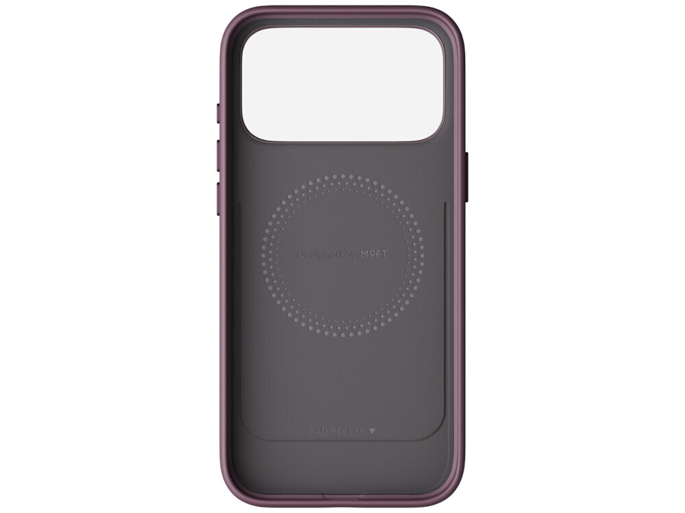 Burgundowe etui na telefon z dużym otworem na aparat i napisem \'Designed by MOFT\' oraz \'PAT. PEND.\' na tylnej części. Etui posiada okrągły wzór z kropek w centralnej części.