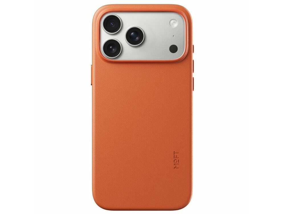 Pomarańczowe etui na telefon z trzema widocznymi obiektywami aparatu i napisem \'MOFT\' na dole. Etui ma gładką powierzchnię i wycięcia na przyciski boczne.