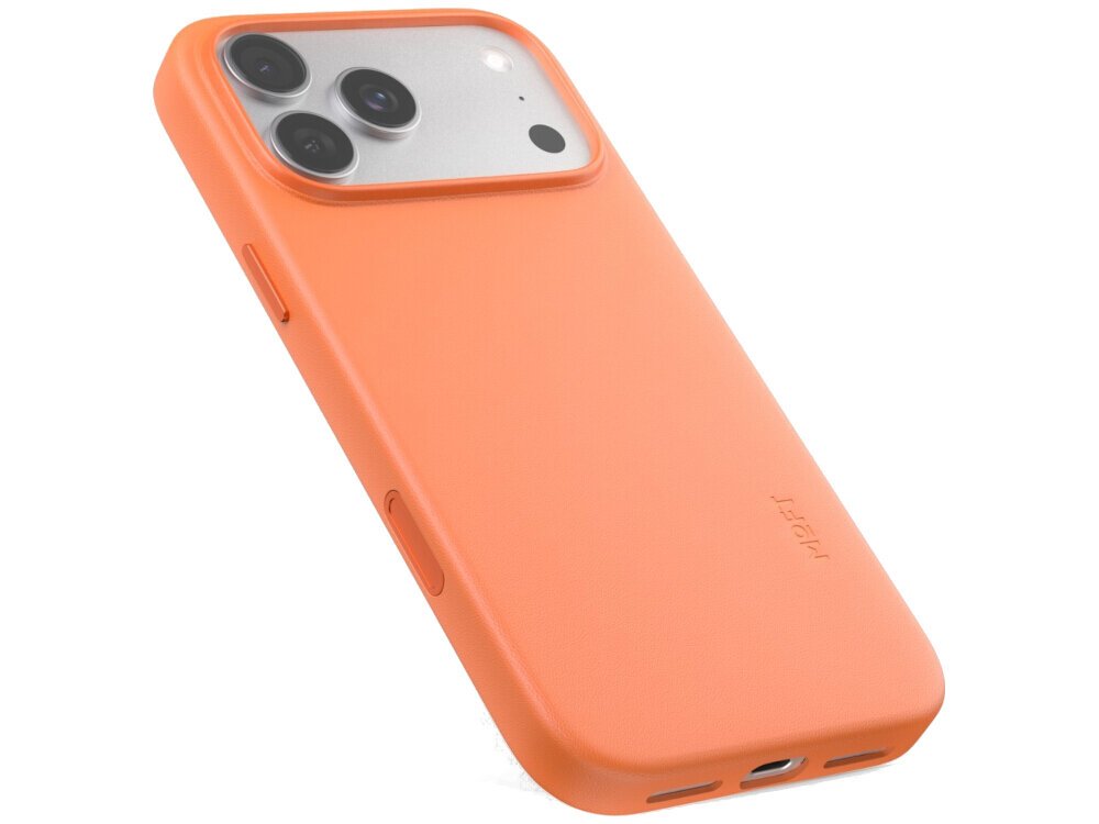 Pomarańczowe etui na telefon z trzema widocznymi otworami na aparaty fotograficzne. Na etui widoczny jest napis \'MOFT\'.