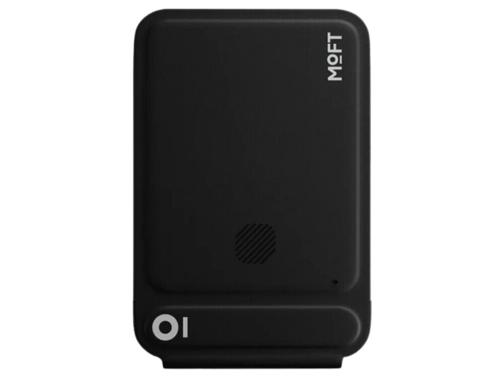 Czarny magnetyczny portfel i stojak na telefon z logo \'MOFT\' w górnym rogu oraz symbolem \'OI\' na dole.
