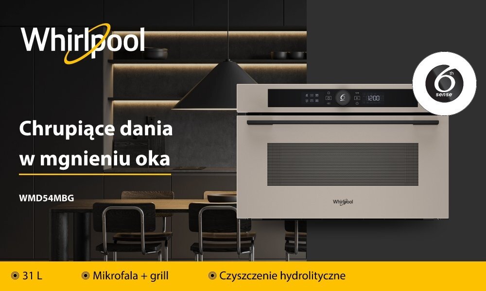 Obraz przedstawia kuchenkę mikrofalową Whirlpool w beżowym kolorze z panelem sterowania i logo Whirlpool. Na obrazie widnieje tekst: \'Chrupiące dania w mgnieniu oka\', \'WMD54MBG\', \'31 L\', \'Mikrofala + grill\', \'Czyszczenie hydrolitryczne\'.