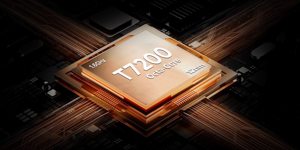 Obraz przedstawia procesor z oznaczeniami: \'1.6GHz\', \'T7200\', \'Octa-core\', \'12nm\'. Procesor jest umieszczony na tle przypominającym płytę główną z widocznymi ścieżkami przewodzącymi.