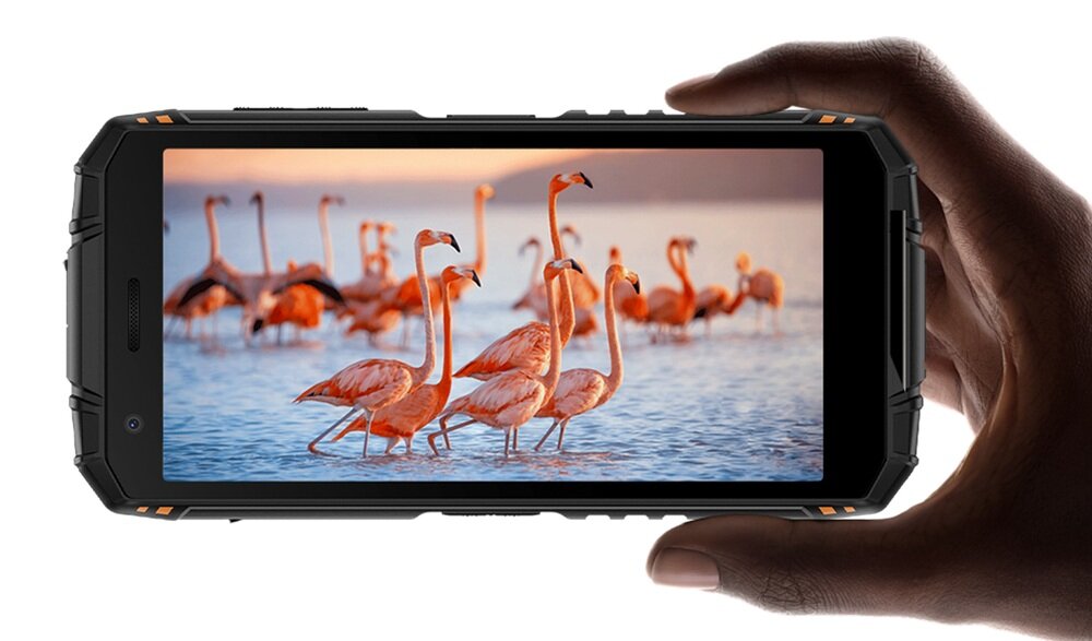 Osoba trzyma smartfon, na którego ekranie wyświetlany jest obraz flamingów stojących w wodzie. Smartfon ma solidną, czarną obudowę z pomarańczowymi akcentami.