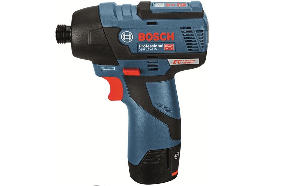 Na obrazie widoczny jest niebiesko-czarny klucz udarowy z czerwonymi elementami, z logo BOSCH i napisami \'Professional GDR 12V-110\', \'HEAVY DUTY\', \'EC Brushless Motor\'.
