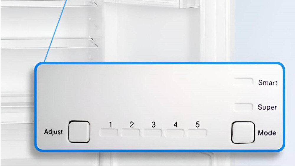 Panel sterowania lodówki z przyciskami \'Adjust\' i \'Mode\', oraz wskaźnikami numerowanymi od 1 do 5. Widoczne są także napisy \'Smart\' i \'Super\'.