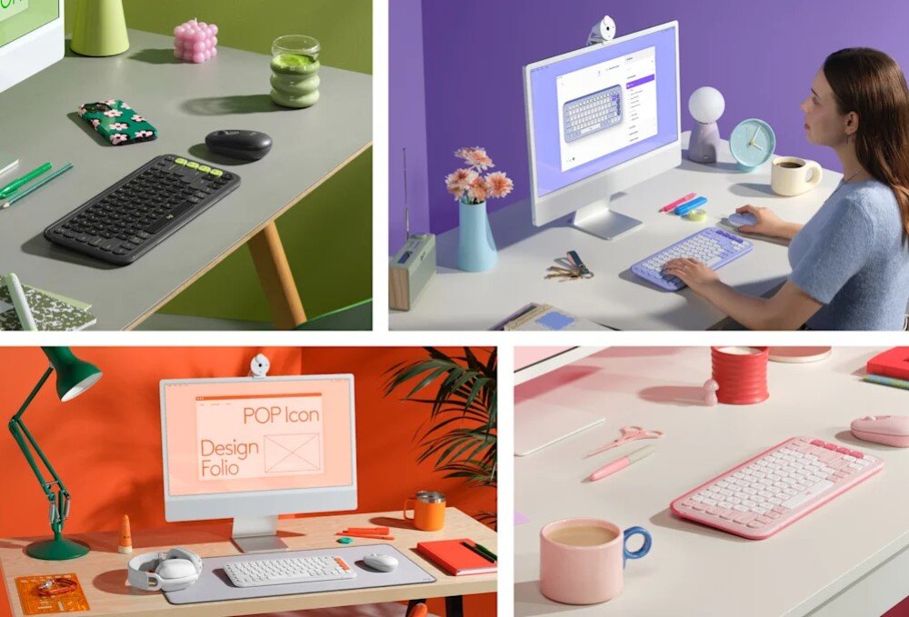 Na obrazie widać różne aranżacje biurek z klawiaturami w różnych kolorach, monitorami i akcesoriami biurowymi. Na jednym z monitorów widoczny jest tekst \'POP Icon Design Folio\'.