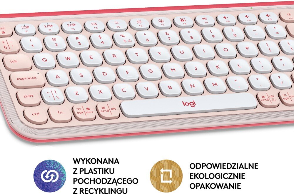 Klawiatura z okrągłymi klawiszami w kolorze różowym i białym, z logo \'logi\' na spacji. Pod klawiaturą znajdują się ikony z napisami: \'WYKONANA Z PLASTIKU POCHODZĄCEGO Z RECYKLINGU\' oraz \'ODPOWIEDZIALNE EKOLOGICZNIE OPAKOWANIE\'.