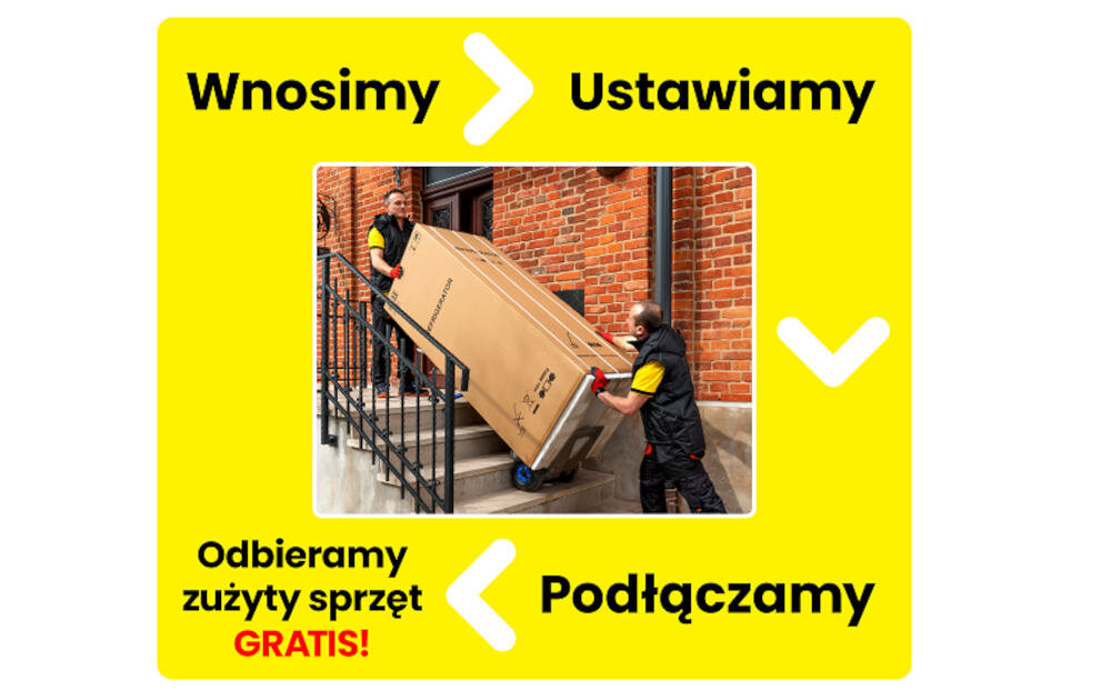 Dwóch mężczyzn wnosi duże kartonowe pudło po schodach. Na żółtym tle widnieją napisy: \'Wnosimy\', \'Ustawiamy\', \'Odbieramy zużyty sprzęt GRATIS!\', \'Podłączamy\'.