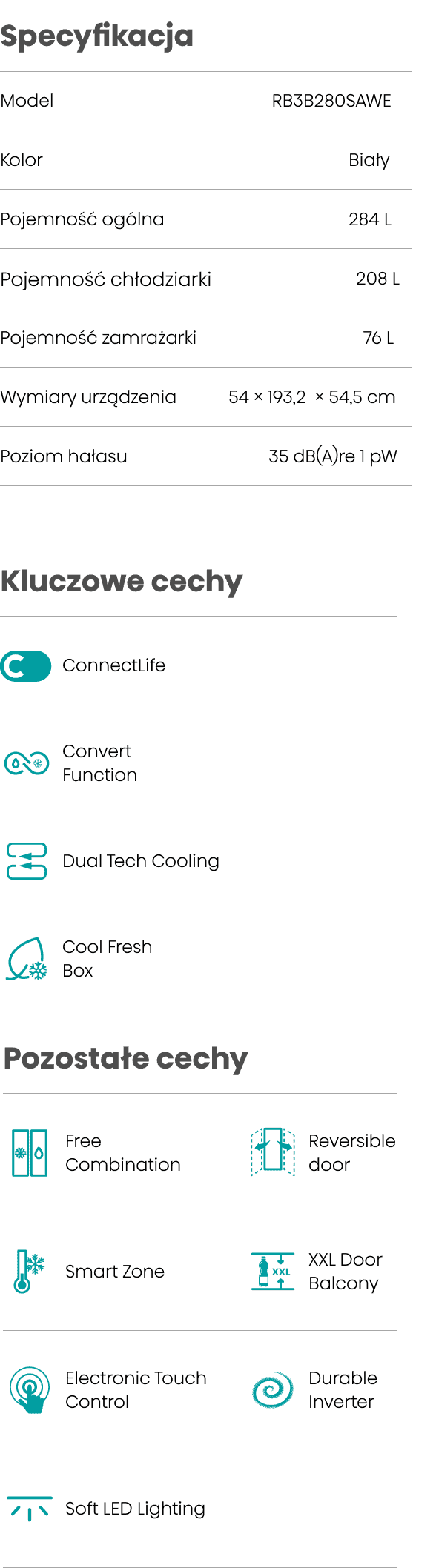 Obraz przedstawia specyfikację i cechy lodówki HISENSE RB3B280SAWE. Wymienione są funkcje takie jak Wi-Fi ConnectLife, Dual Tech Cooling, Metal Tech Cooling, Szuflada CoolFresh oraz Funkcja Convert.