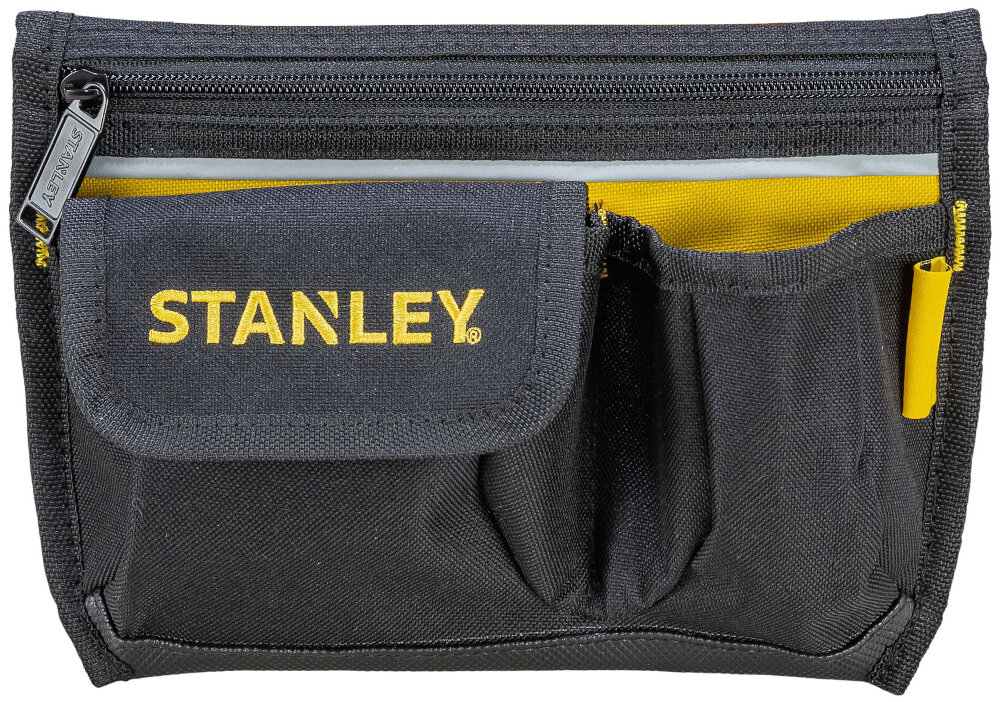 Kieszeń na narzędzia STANLEY 1-96-179 zamknięta kieszeń na białym tle widoczna od przodu do wygodnego przechowywania podręcznych narzędzi i akcesoriów szybki dostęp do często używanych przedmiotów montaż na pasie roboczym