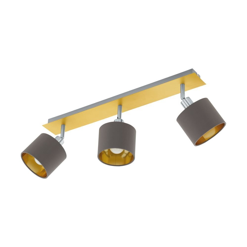 Lampa sufitowa z trzema reflektorami w kształcie cylindrów, zamontowana na prostokątnej listwie. Reflektory mają zewnętrzną powierzchnię w kolorze szarym i złote wnętrze.