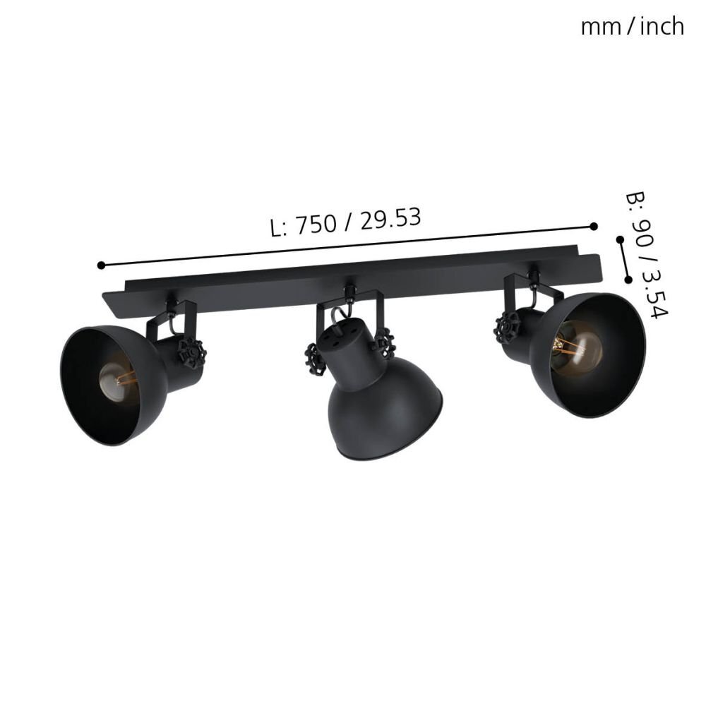Czarna lampa reflektorowa z trzema regulowanymi kloszami zamontowana na prostokątnej listwie. Wymiary: długość 750 mm / 29.53 cala, wysokość 90 mm / 3.54 cala.