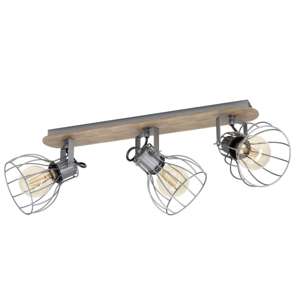 Lampa reflektorowa z trzema żarówkami w metalowych kloszach na drewnianej listwie. Klosze mają otwartą konstrukcję z metalowych prętów.
