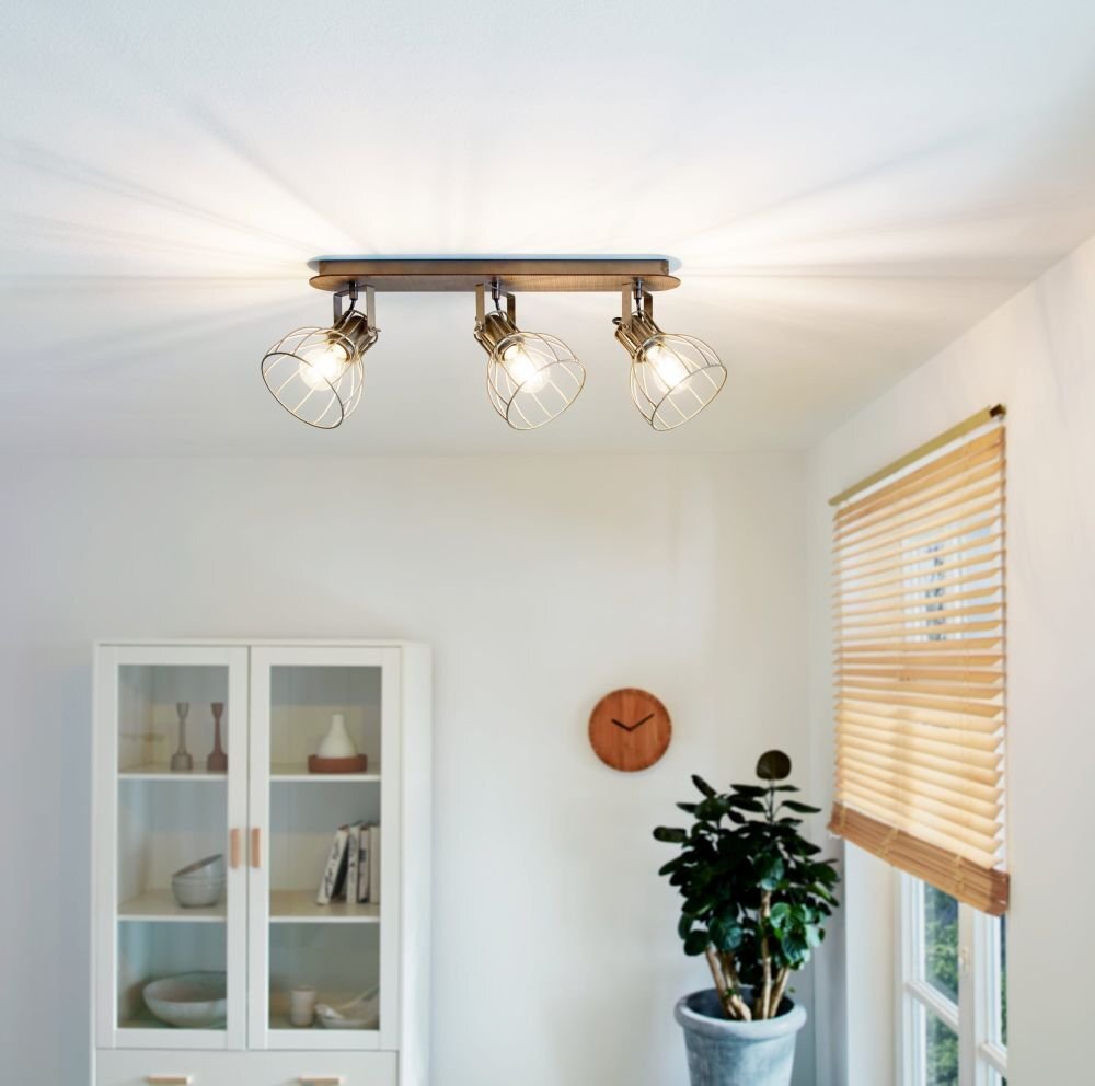 Na suficie zamontowana jest lampa z czterema reflektorami w metalowych osłonach. W pomieszczeniu znajduje się szafka z przeszklonymi drzwiami, zegar ścienny i roślina w donicy.