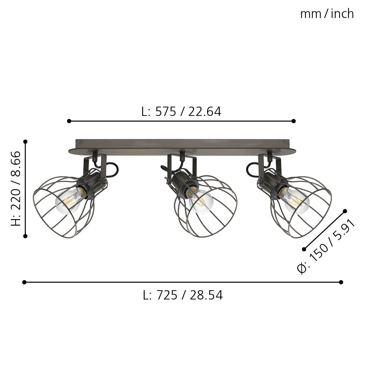 Obraz przedstawia lampę reflektorową z trzema żarówkami w metalowych kloszach. Wymiary to: wysokość 220 mm (8.66 cala), długość 575 mm (22.64 cala) i 725 mm (28.54 cala), średnica klosza 150 mm (5.91 cala).