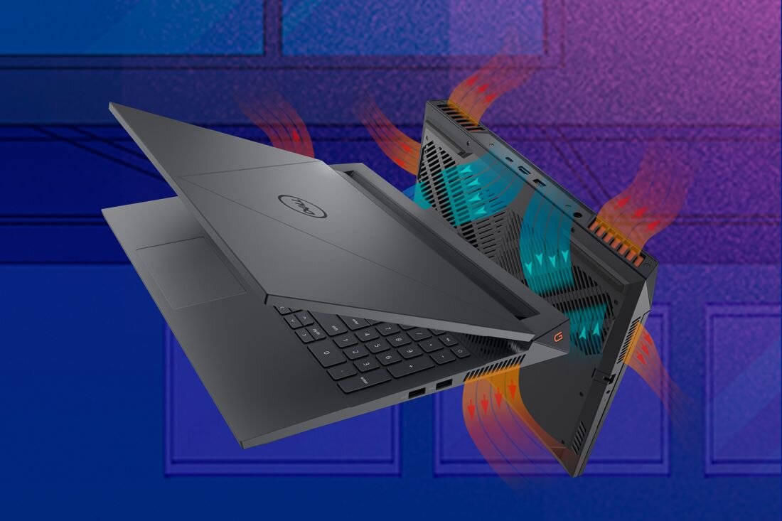 Laptop w kolorze ciemnoszarym z widocznym logo DELL na pokrywie, przedstawiony w pozycji półotwartej. W tle widać kolorowe strzałki symbolizujące przepływ powietrza wokół urządzenia.