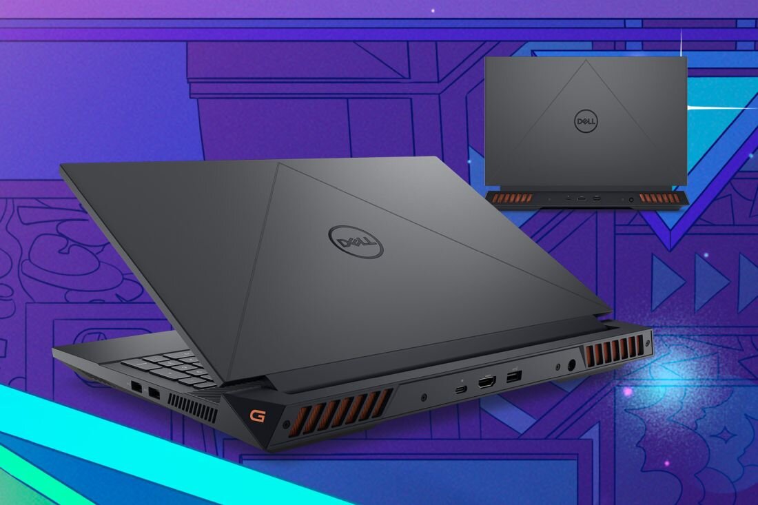 Na obrazie widoczny jest czarny laptop z logo \'Dell\' na pokrywie, z widocznymi portami i otworami wentylacyjnymi z pomarańczowymi akcentami. W tle znajduje się abstrakcyjna, geometryczna grafika w odcieniach fioletu i niebieskiego.