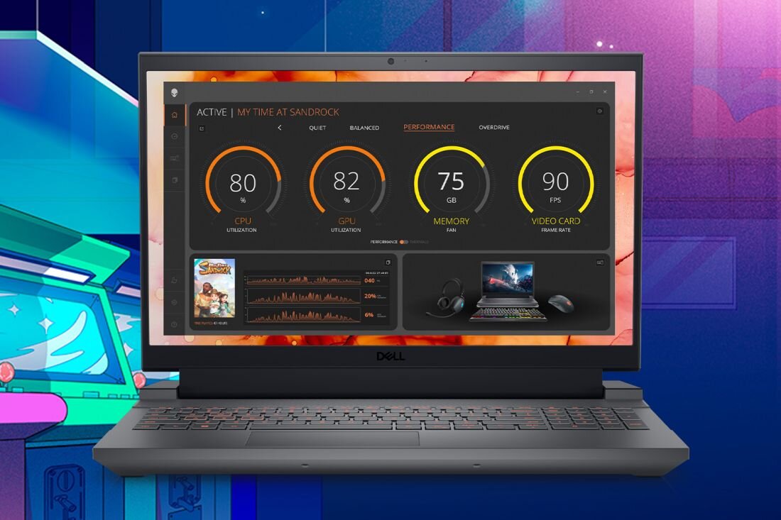 Laptop marki Dell z widocznym ekranem, na którym wyświetlane są parametry wydajnościowe: CPU Utilization 80%, GPU Utilization 82%, Memory 75 GB, Video Card Frame Rate 90 FPS. Na obudowie znajduje się logo Dell.