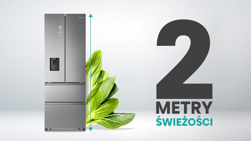 Obraz przedstawia lodówkę w kolorze inox z dozownikiem wody, obok której znajdują się zielone liście. Po prawej stronie widnieje napis \'2 METRY ŚWIEŻOŚCI\'.