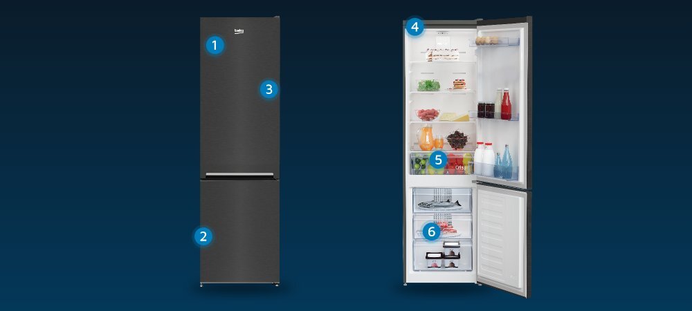 Obraz przedstawia dwie lodówki BEKO w ciemnym kolorze inox. Jedna z lodówek jest zamknięta, a druga otwarta, ukazując wnętrze z półkami wypełnionymi różnymi produktami spożywczymi.