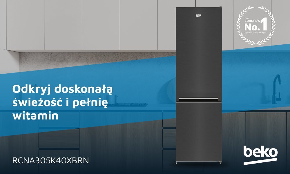 Na obrazie widoczna jest lodówka w ciemnym kolorze z logo beko, umieszczona w nowoczesnej kuchni. Tekst na obrazie: \'Odkryj doskonałą świeżość i pełnię witamin\', \'RCNA305K40XBRN\', \'Europe\'s No.1\'.
